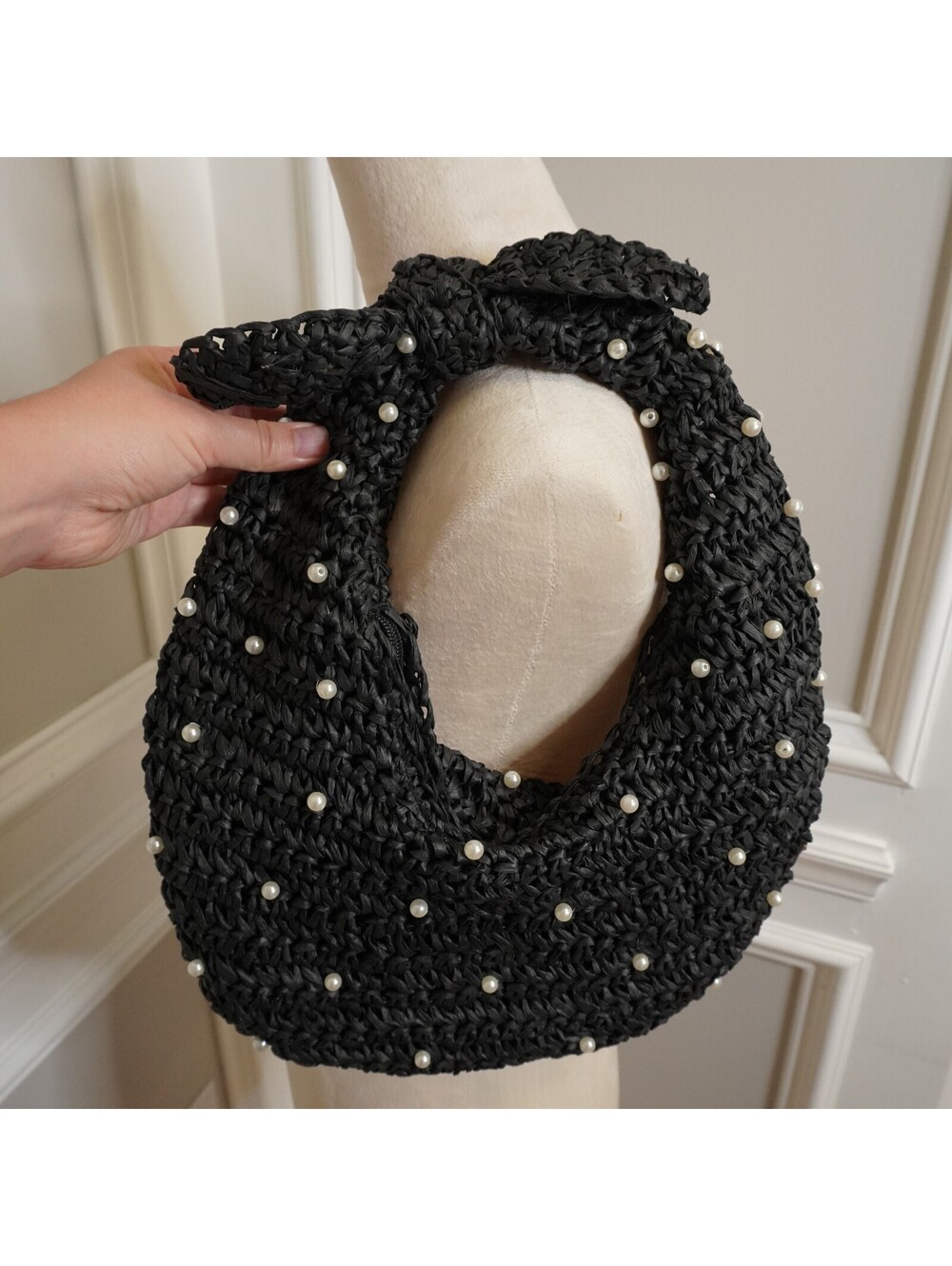 Haute Hippie Black Woven Pearl-Embellished Handbag with Knot Handle